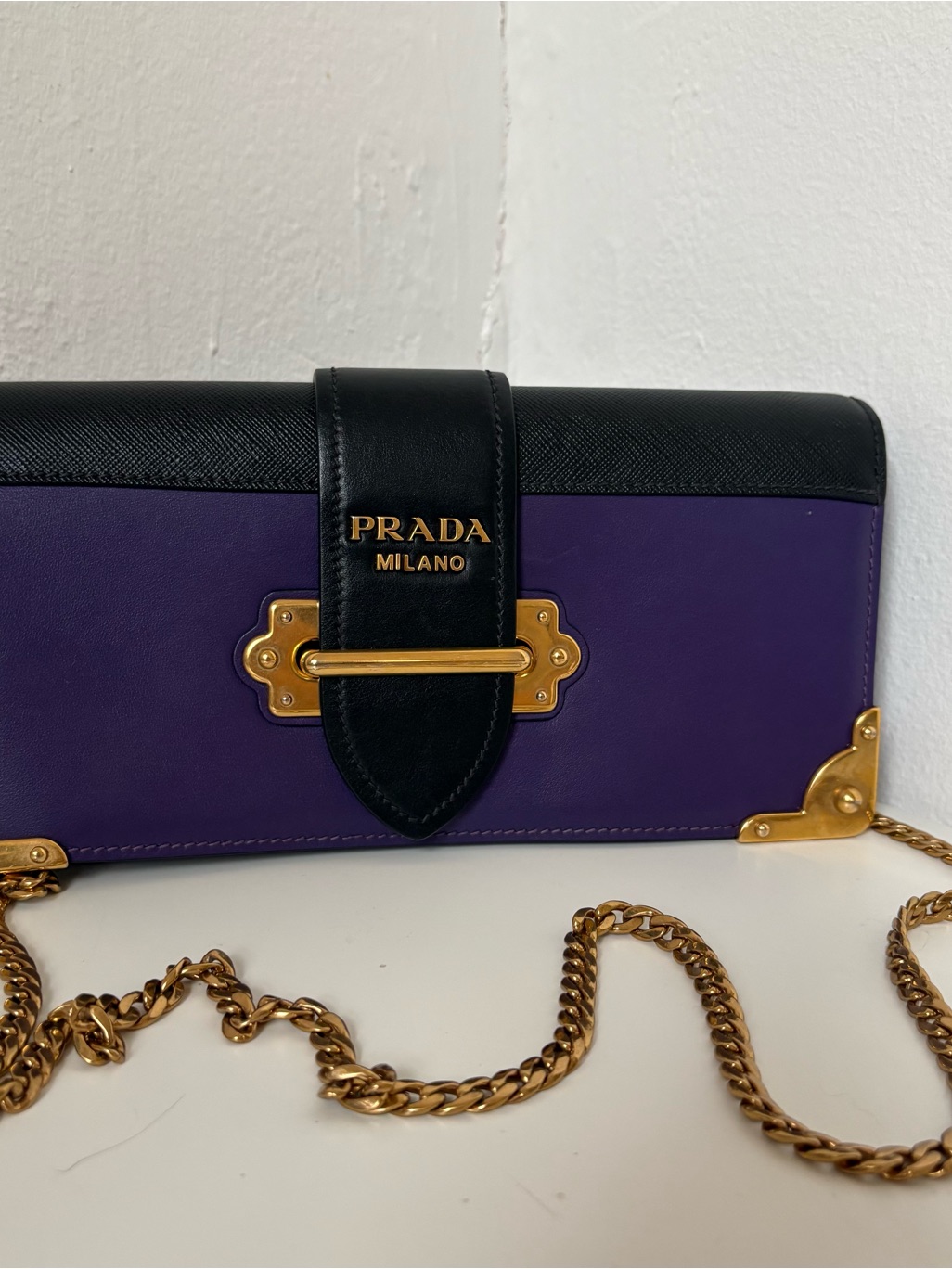 Purple And Black Leather Shoulder Bag With Gold Hardware